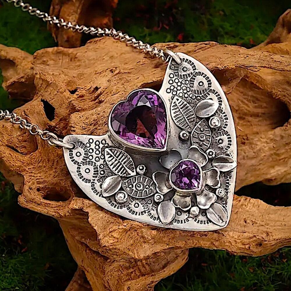 Stainless Steel Heart Shaped Amethyst Stone Necklace - Picture 2 of 5